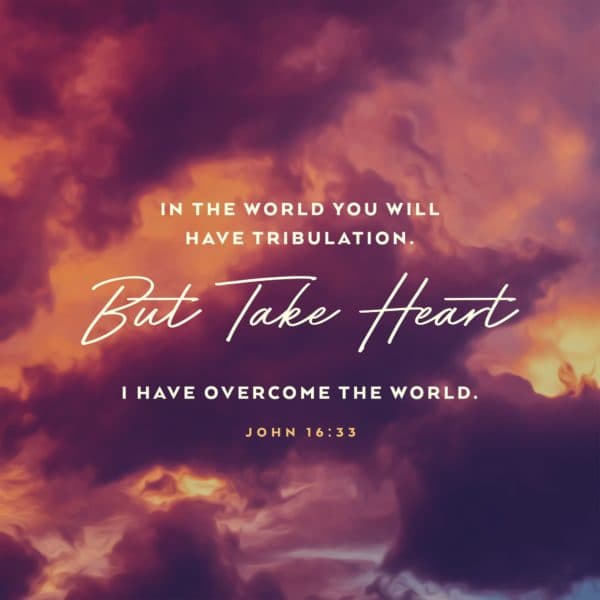 In the world you will have tribulation. But take heart; I have overcome the world. - John 16:33