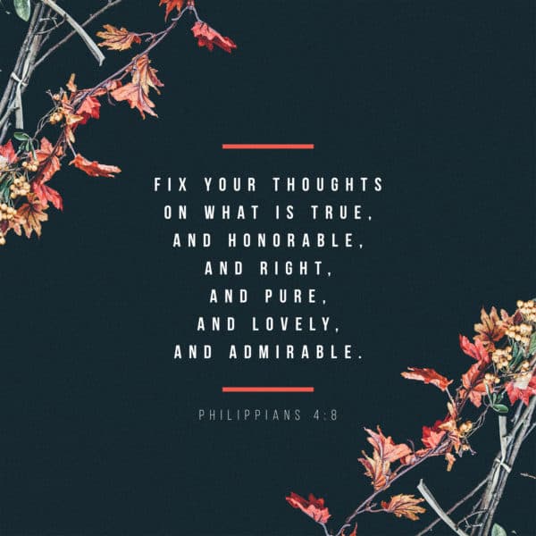 Fix your thoughts on what is true, and honorable, and right, and pure, and lovely, and admirable. - Philippians 4:8