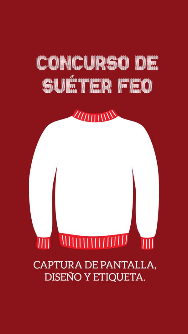 Concurso de suéter feo. Captura de pantalla, diseño y etiqueta.