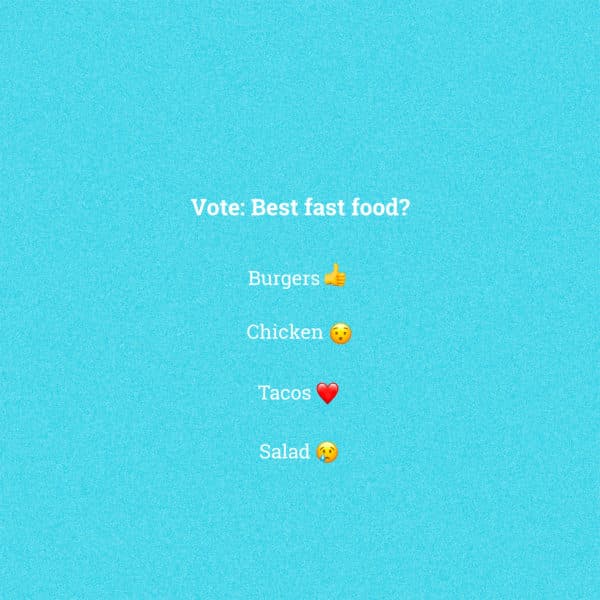 Vote: Best fast food? Burgers. ? Tacos. ❤️ Chicken. ? Salad. ?