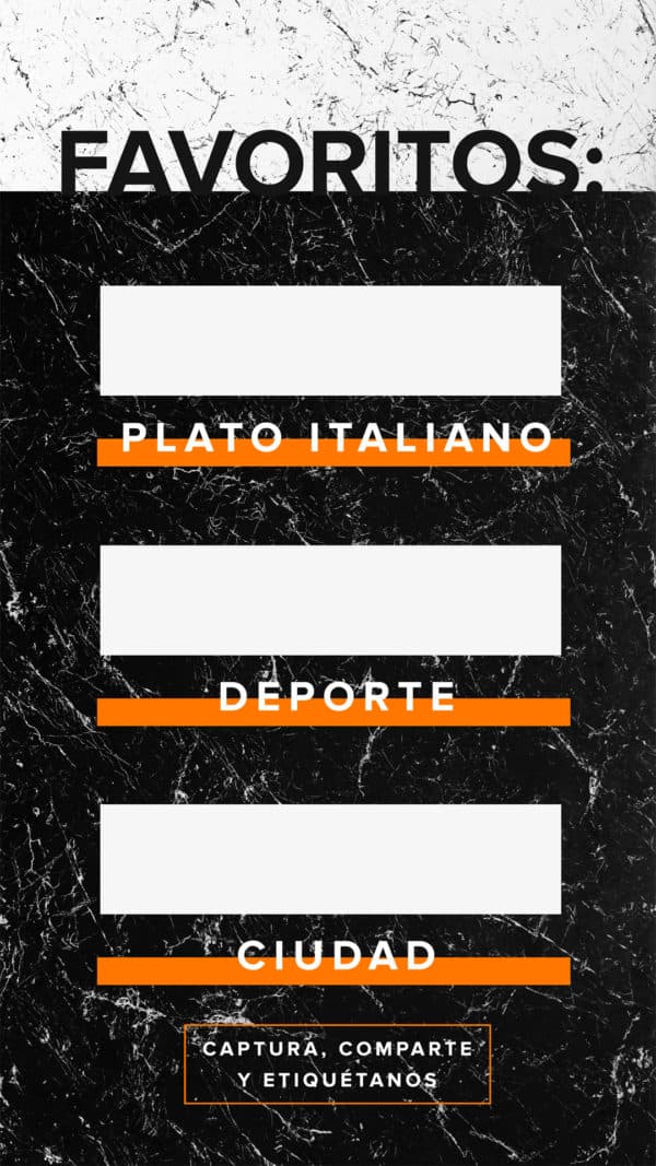 Favoritos: Plato italiano. Deporte para jugar. Ciudad. Captura la pantalla, comparte y etiquétanos