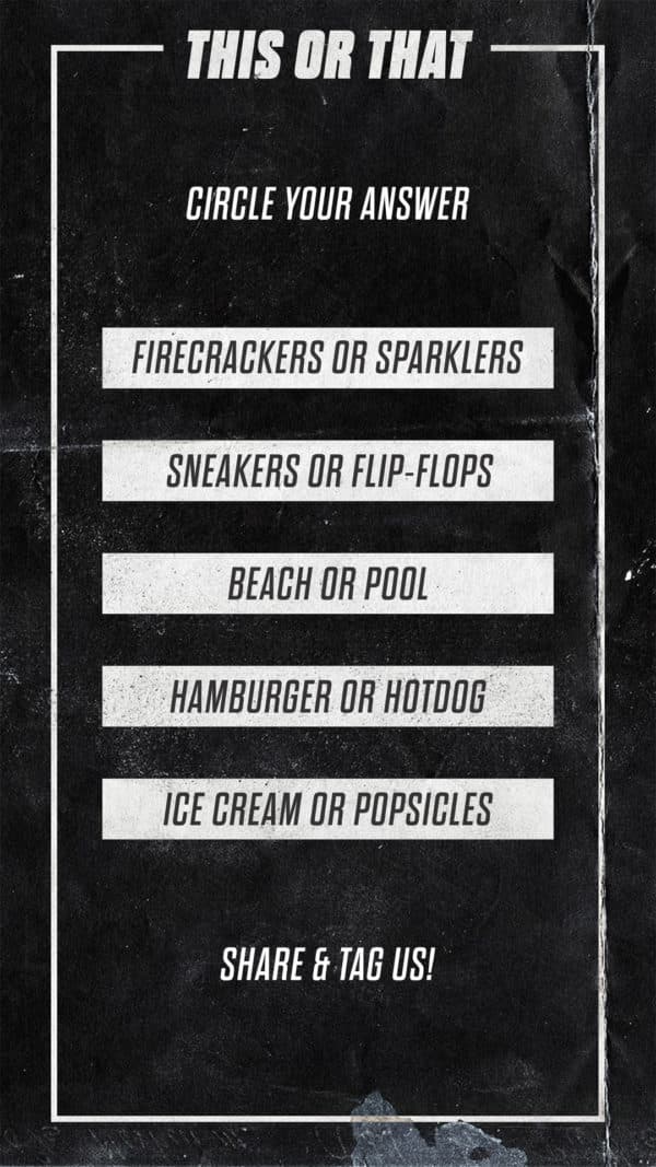 This or that: Firecrackers or Sparklers, Ice Cream or Popsicle, Sneakers or Flip Flops, Beach or Pool, Hamburger or Hot Dog, Circle your answers, share, and tag us!