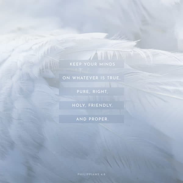Keep your minds on whatever is true, pure, right, holy, friendly, and proper. - Philippians 4:8