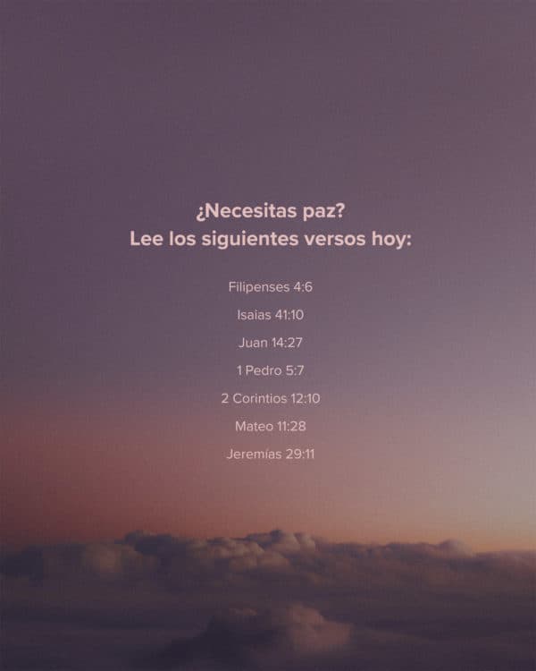 ¿Necesitas paz? Lee los siguientes versos hoy: Filipenses 4:6, Isaias 41:10, Juan 14:27, 1 Pedro 5:7, 2 Corintios 12:10, Mateo 11:28, Jeremías 29:11