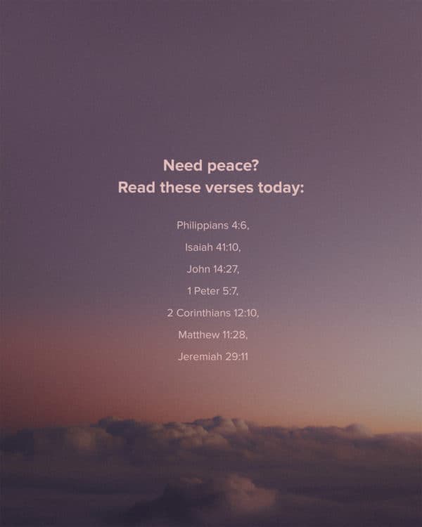 Need peace? Read these verses today: Philippians 4:6, Isaiah 41:10, John 14:27, 1 Peter 5:7, 2 Corinthians 12:10, Matthew 11:28, Jeremiah 29:11