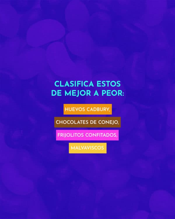Clasifica estos de mejor a peor: Huevos Cadbury, Chocolates de Conejo, Frijolitos Confitados, Malvaviscos