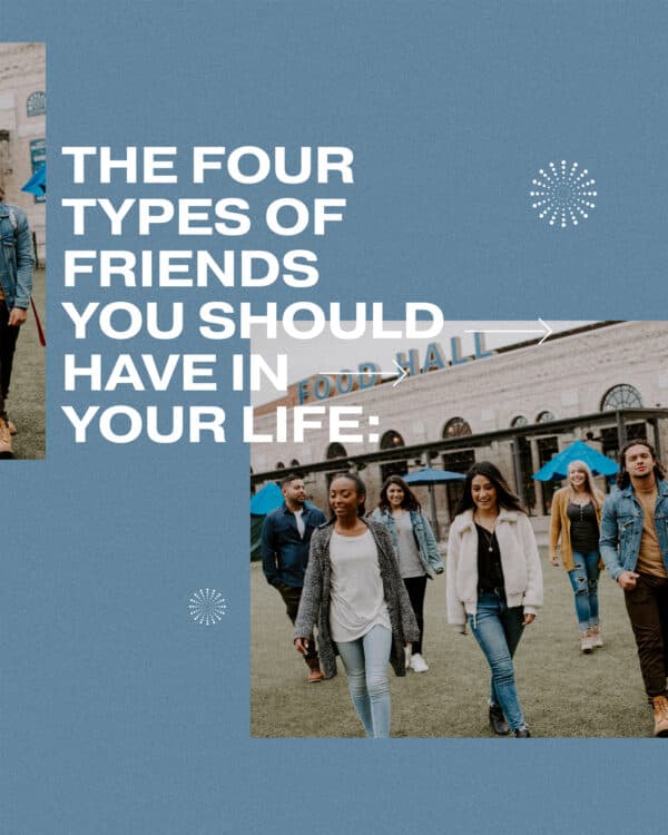 The four types of friends you should have in your life: (1) Casual friends. People you hang out with and encourage. (2) Community friends. People who encourage you and lead you toward God. (3) Ministry friends. Friends who you want to make a positive impact on. (Be sure they don't make a negative impact on you.) (4) Transparent friends. Those closest to you who can call you out, speak truth in love, and know you 100%. (5) Choose your friends wisely. They will determine your future.