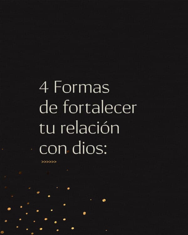 4 Formas de fortalecer tu relación con dios: 1) Hacer de la oración una prioridad: Orar es simplemente tener una conversación con Dios. Él desea comunicarse contigo. Dios no busca palabrería de domingo. Solo que seas real con Él. Esto también es un momento para dar gracias por lo que Él está haciendo en tu vida. 2) Desarrollar un hábito de leer la Biblia: La palabra de Dios está viva y activa. Nos fortalece para tomar acción en contra de las dificultades del mundo. Es otra forma de escuchar a Dios, y para conocerle. 3) Cultivar relaciones sanas: Rodéate de gente que ama Dios y podrá proveer apoyo en momentos de dificultad. Gente que te apunte a Dios y te lleve a una relación más cercana. 4) Sé parte de una iglesia local: Encuentra una iglesia para ti. Es una oportunidad de tener comunidad con otros cristianos y compartir los dones que Dios te ha dado.