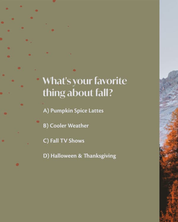 What's your favorite thing about fall? A) Pumpkin Spice Lattes B) Cooler Weather C) Fall TV Shows D) Halloween & Thanksgiving
