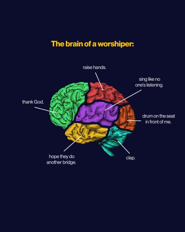 The brain of a worshiper: raise hands. hope they do another bridge. clap. sing like no one's listening. drum on the seat in front of me. thank God.