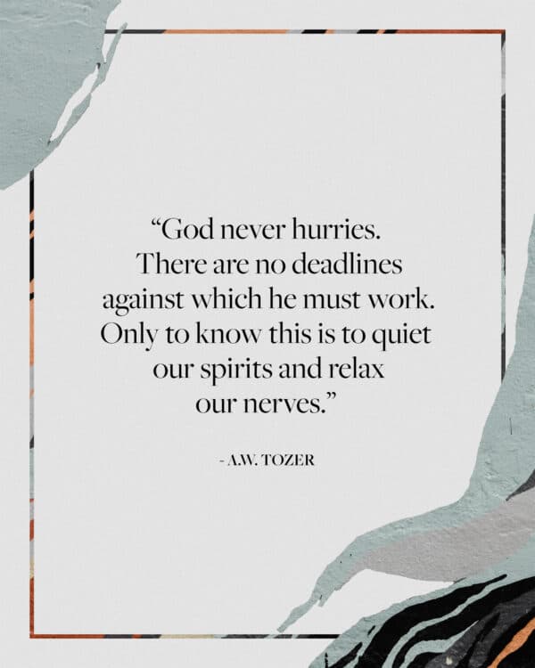 “God never hurries. There are no deadlines against which he must work. Only to know this is to quiet our spirits and relax our nerves.” - A.W. Tozer