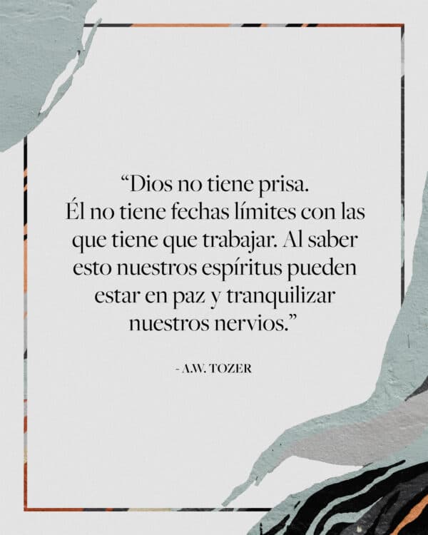 "Dios no tiene prisa. Él no tiene fechas límites con las que tiene que trabajar. Al saber esto nuestros espíritus pueden estar en paz y tranquilizar nuestros nervios." - A.W. Tozer