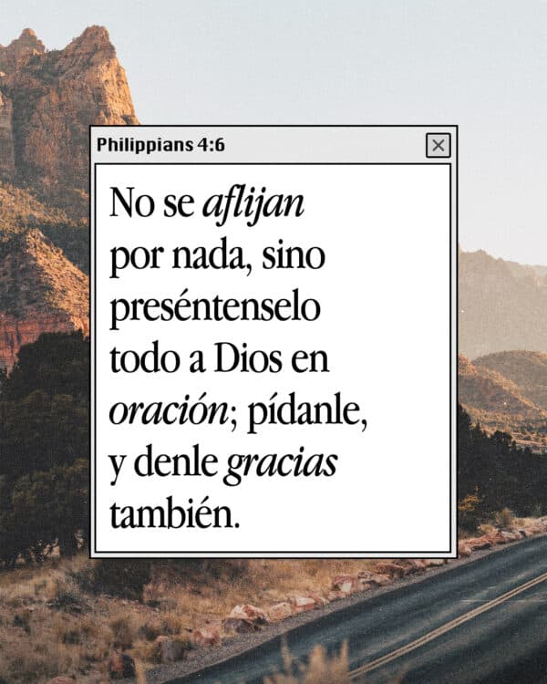 No se aflijan por nada, sino preséntenselo todo a Dios en oración; pídanle, y denle gracias también. Filipenses 4:6