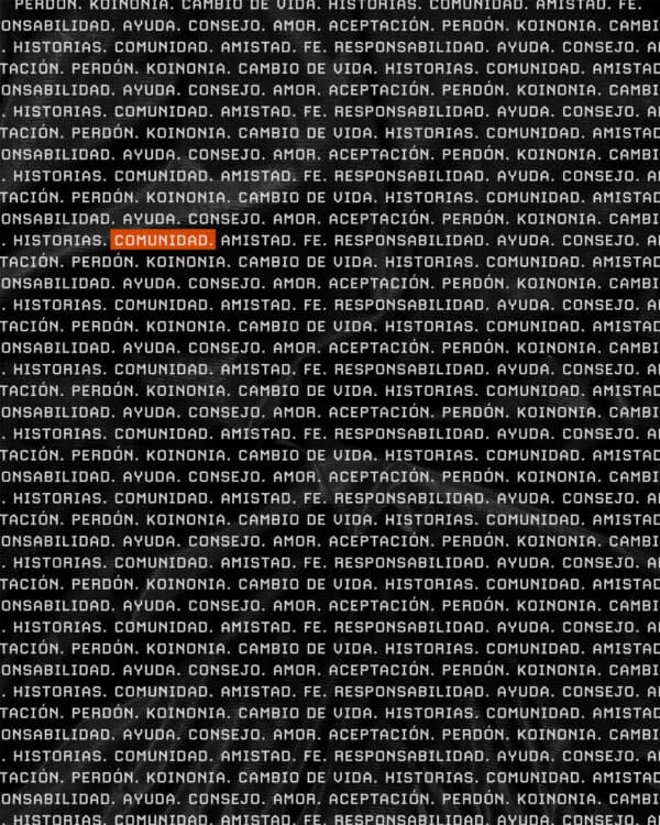Comunidad. Amistad. Fe. Responsabilidad. Ayuda. Consejo. Amor. Aceptación. Perdón. Koinonia. Cambio de Vida. Historias.