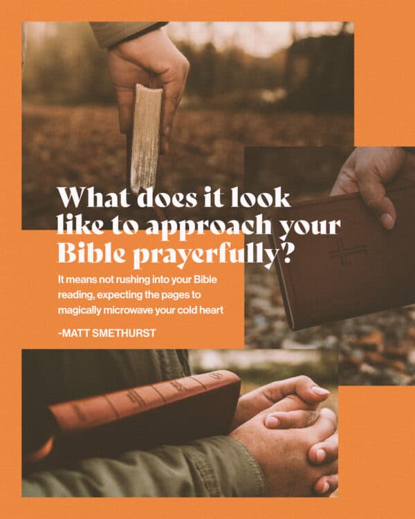 "What does it look like to approach your Bible prayerfully? It means not rushing into your Bible reading, expecting the pages to magically microwave your cold heart." - Matt Smethurst