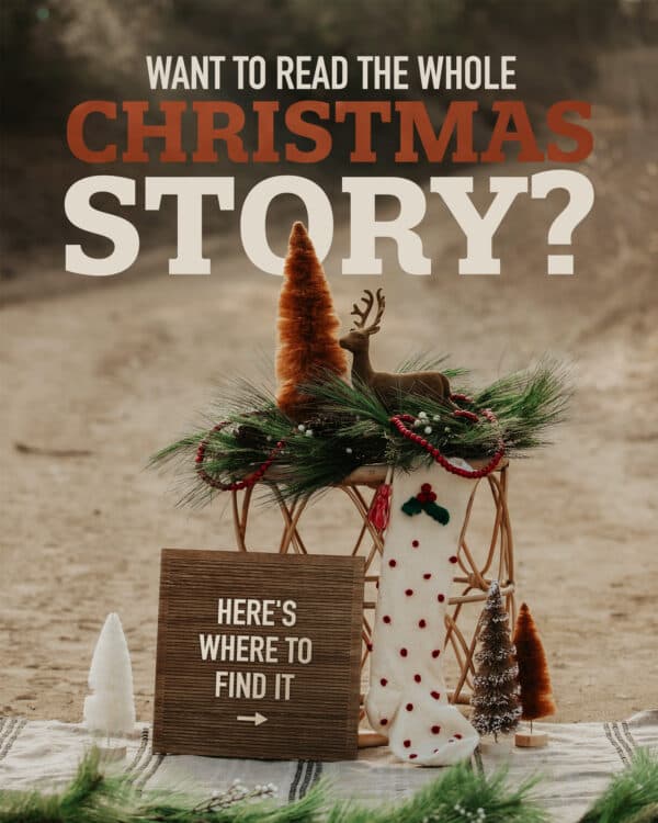 Want to read the whole Christmas story? Here's where to find it: John 1:1-5, 14 (Eternal Word made flesh) Luke 1:5-25 (Zechariah’s vision) Luke 1:26-56 (Mary’s vision and trip) Matthew 1:18-25 (Joseph’s first dream) Luke 2:1-20 (Bethlehem & Shepherds) Matthew 2:1-12 (Magi) Matthew 2:13-23 (To Egypt and Nazareth)