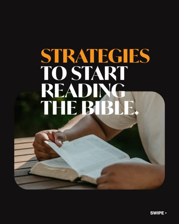 Strategies to start reading the Bible. (1) Don't start at the beginning. Start with Mark. People often get lost in the genealogies or detailed laws. (2) Get a plan that splits up the Bible into different parts for each day. (3) Read in the morning instead of the evening to make sure you get it done. (4) Add it to your daily to-do list so you remember. (5) Don't feel shame if you miss a day.