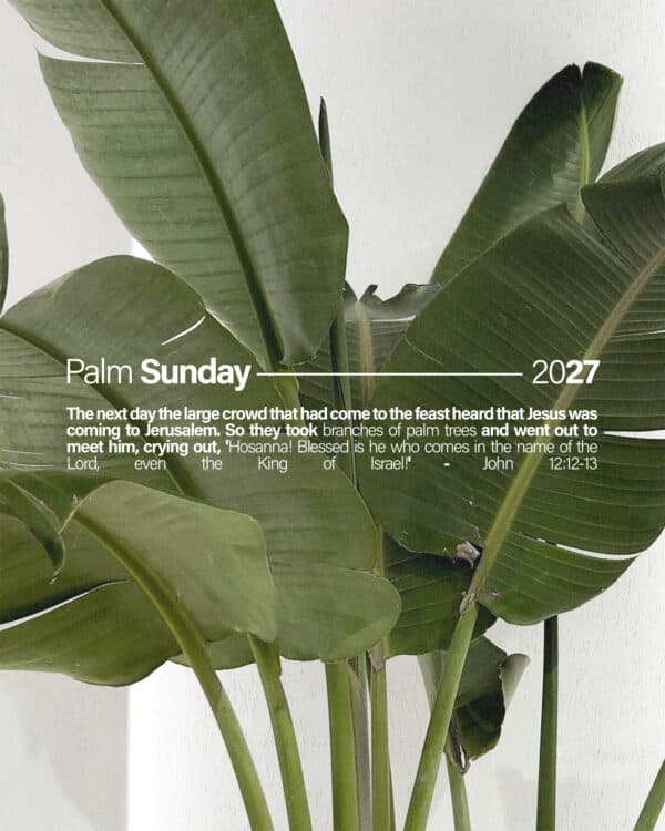 Palm Sunday 2027. The next day the large crowd that had come to the feast heard that Jesus was coming to Jerusalem. So they took branches of palm trees and went out to meet him, crying out, 'Hosanna! Blessed is he who comes in the name of the Lord, even the King of Israel!' - John 12:12-13