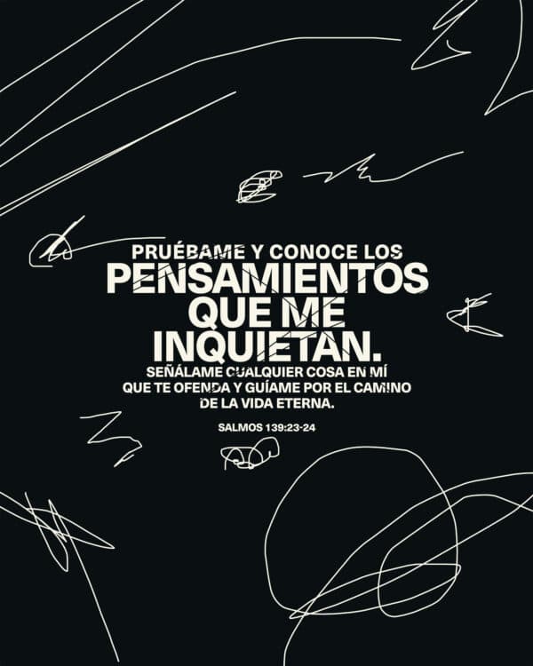Pruébame y conoce los pensamientos que me inquietan. Señálame cualquier cosa en mí que te ofenda y guíame por el camino de la vida eterna. - Salmos 139:23-24