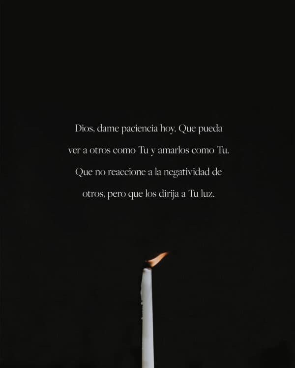 Dios, dame paciencia hoy. Que pueda ver a otros como Tu y amarlos como Tu. Que no reaccione a la negatividad de otros, pero que los dirija a Tu luz.