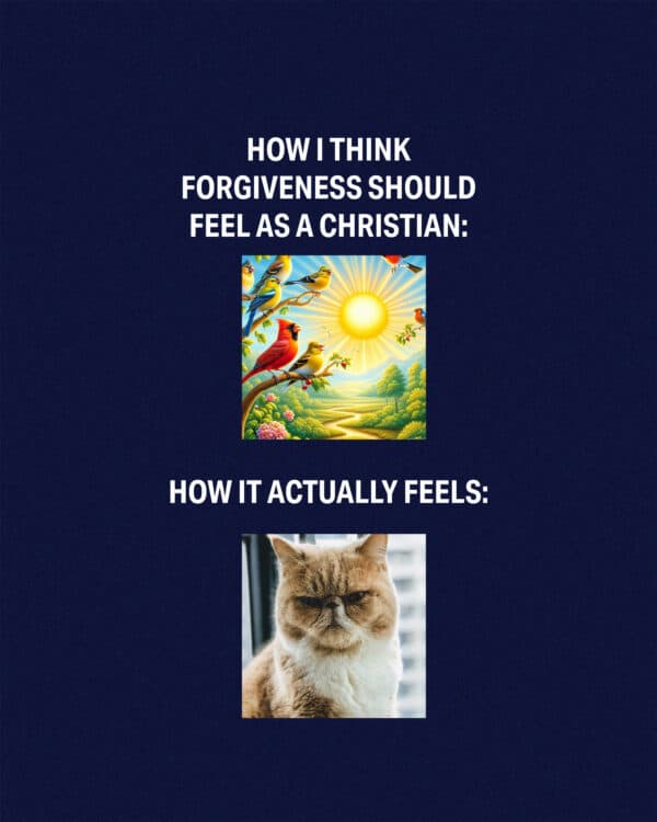 "How I think forgiveness should feel as a Christian: *sun shining, bird singing* How it actually feels: *grumpy face*"