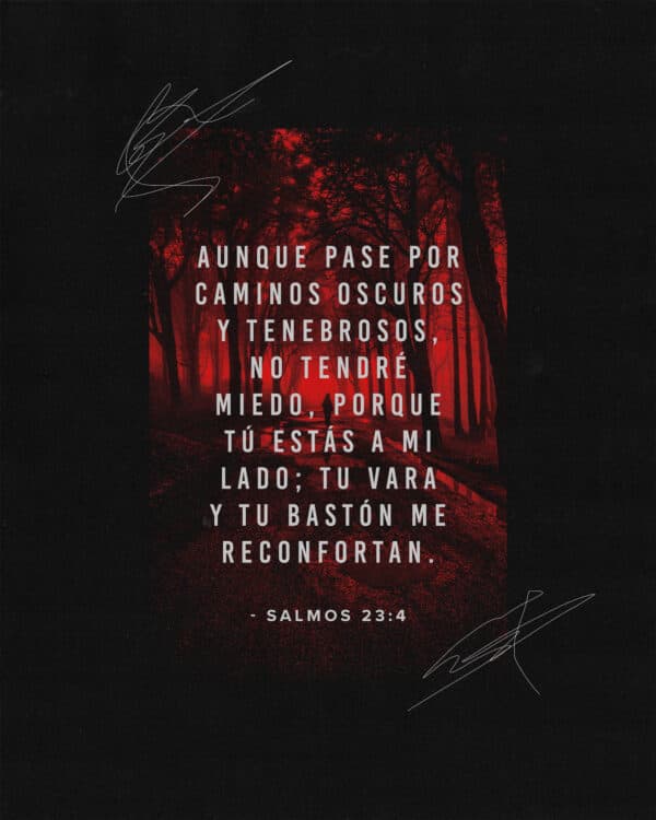 Aunque pase por caminos oscuros y tenebrosos, no tendré miedo, porque Tú estás a mi lado; tu vara y tu bastón me reconfortan. Salmos 23:4