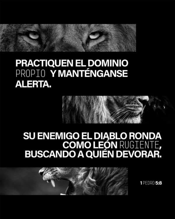 "Practiquen el dominio propio y manténganse alerta. Su enemigo el diablo ronda como león rugiente, buscando a quién devorar." - 1 Pedro 5:8