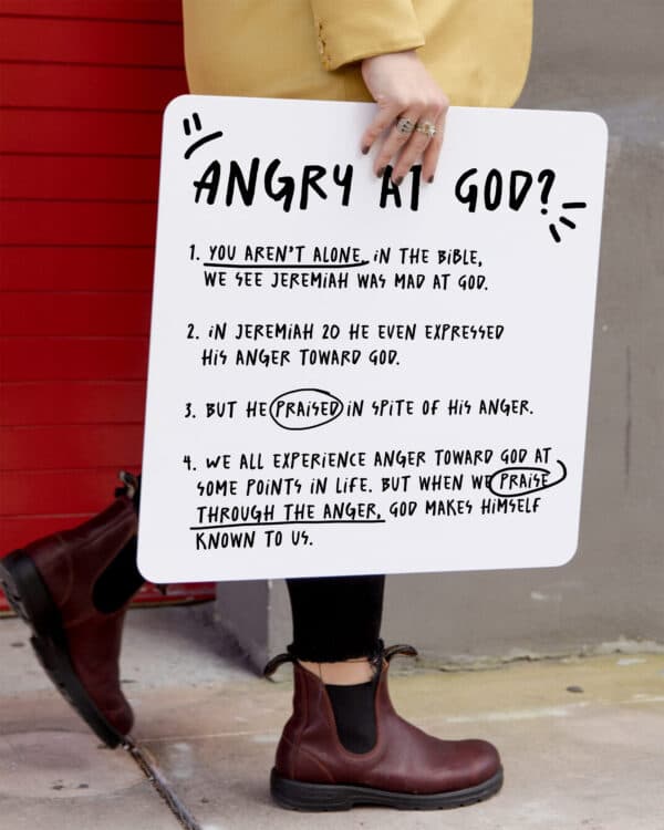 "Angry at God? 1. You aren’t alone. In the Bible, we see Jeremiah was mad at God. 2. In Jeremiah 20 he even expressed his anger toward God. 3. But he praised in spite of his anger. 4. We all experience anger toward God at some points in life. But when we praise through the anger, God makes himself known to us."