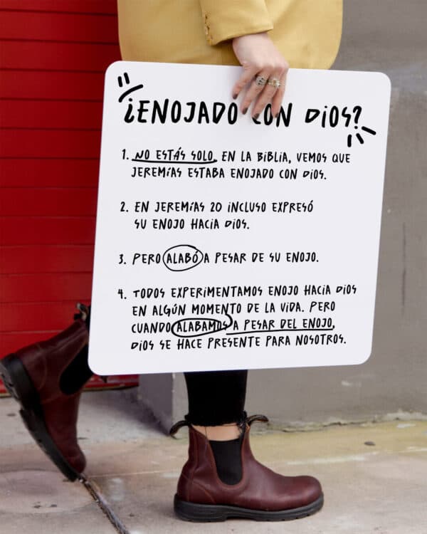 ¿Enojado con Dios? 1. No estás solo. En la Biblia, vemos que Jeremías estaba enojado con Dios. 2. En Jeremías 20 incluso expresó su enojo hacia Dios. 3. Pero alabó a pesar de su enojo. 4. Todos experimentamos enojo hacia Dios en algún momento de la vida. Pero cuando alabamos a pesar del enojo, Dios se hace presente para nosotros.
