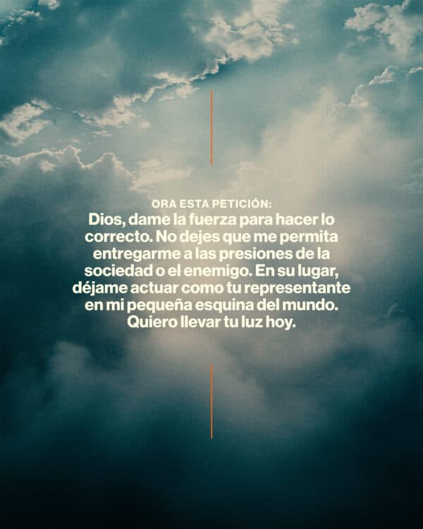 Ora esta petición: Dios, dame la fuerza para hacer lo correcto. No dejes que me permita entregarme a las presiones de la sociedad o el enemigo. En su lugar, déjame actuar como tu representante en mi pequeña esquina del mundo. Quiero llevar TU LUZ HOY.