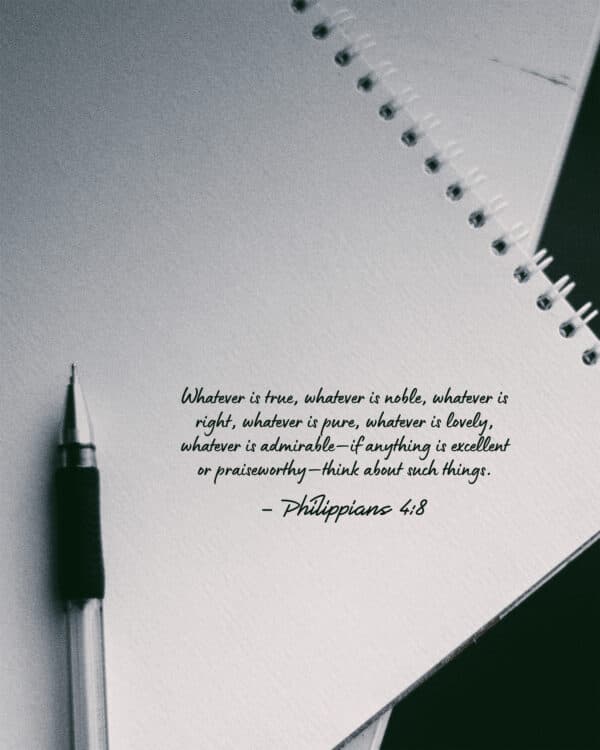Whatever is true, whatever is noble, whatever is right, whatever is pure, whatever is lovely, whatever is admirable—if anything is excellent or praiseworthy—think about such things. - Philippians 4:8