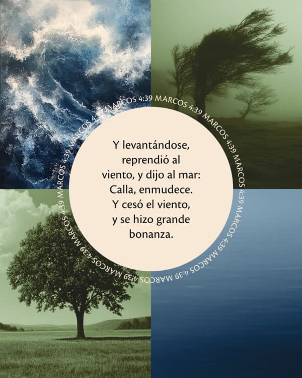 Y levantándose, reprendió al viento, y dijo al mar: Calla, enmudece. Y cesó el viento, y se hizo grande bonanza. - Marcos 4:39