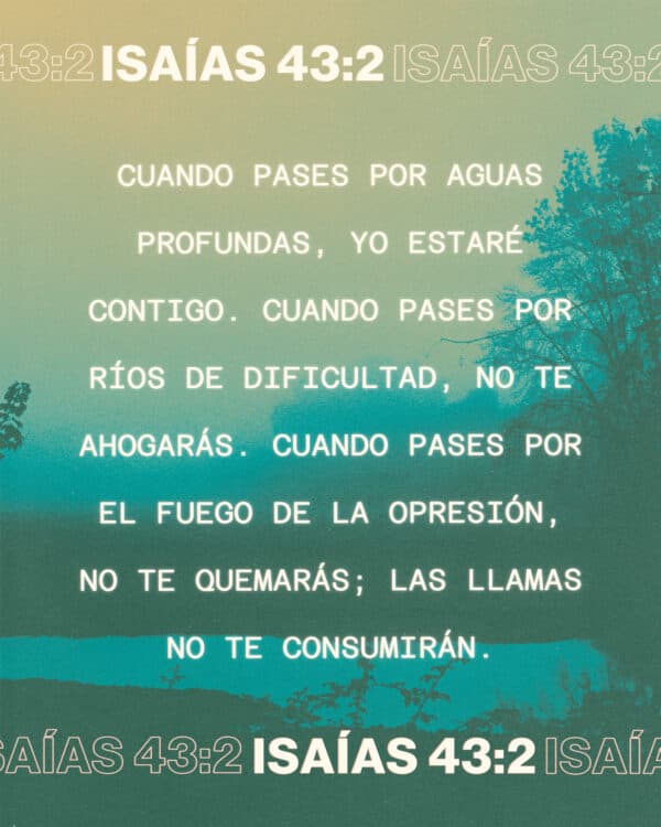 Cuando pases por aguas profundas, yo estaré contigo. Cuando pases por ríos de dificultad, no te ahogarás. Cuando pases por el fuego de la opresión, no te quemarás; las llamas no te consumirán. - Isaías 43:2