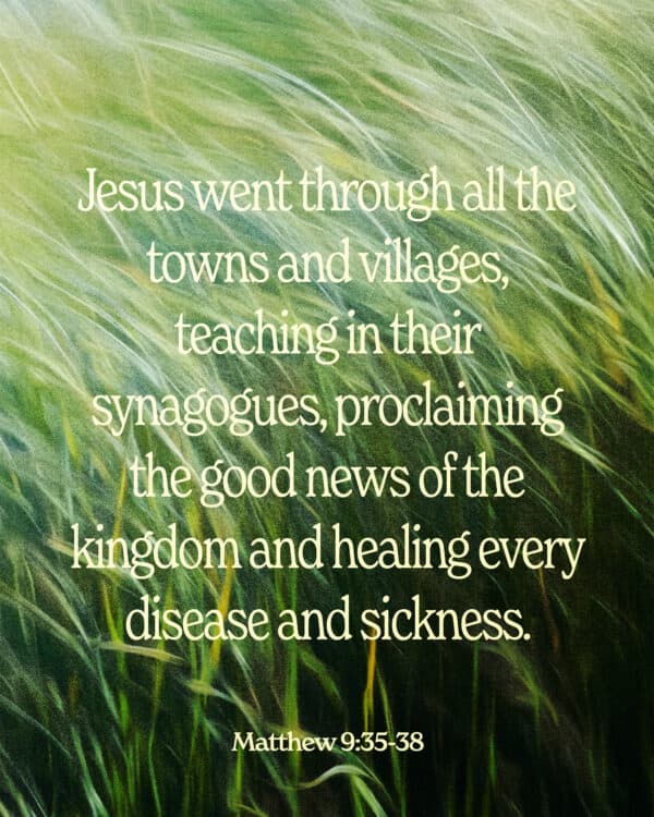 "Jesus went through all the towns and villages, teaching in their synagogues, proclaiming the good news of the kingdom and healing every disease and sickness. When he saw the crowds, he had compassion on them, because they were harassed and helpless, like sheep without a shepherd. Then he said to his disciples, “The harvest is plentiful but the workers are few. Ask the Lord of the harvest, therefore, to send out workers into his harvest field.” - Matthew 9:35-38