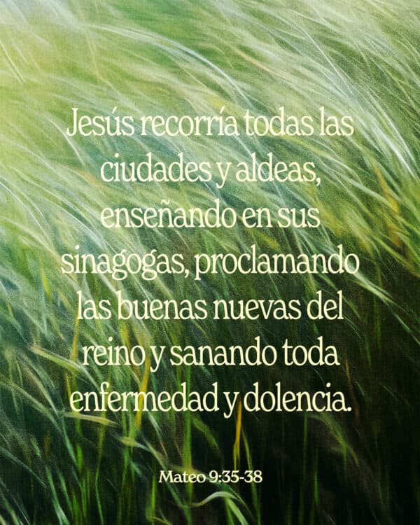 "Jesús recorría todas las ciudades y aldeas, enseñando en sus sinagogas, proclamando las buenas nuevas del reino y sanando toda enfermedad y dolencia. Al ver a las multitudes, tuvo compasión de ellas, porque estaban agobiadas y desamparadas, como ovejas sin pastor. Entonces dijo a sus discípulos: “La cosecha es abundante, pero los obreros son pocos. Pídanle, por tanto, al Señor de la cosecha que envíe obreros a su mies.” - Mateo 9:35-38