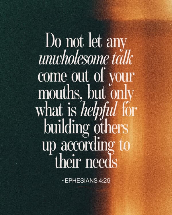 Do not let any unwholesome talk come out of your mouths, but only what is helpful for building others up according to their needs - Ephesians 4:29