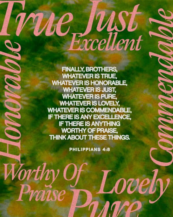 Finally, brothers, whatever is true, whatever is honorable, whatever is just, whatever is pure, whatever is lovely, whatever is commendable, if there is any excellence, if there is anything worthy of praise, think about these things. - Philippians 4:8