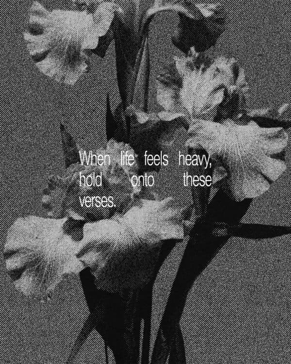 1: When life feels heavy, hold onto these verses.  2: You keep him in perfect peace whose mind is stayed on you  - Isaiah 26:3  3: God is our refuge and strength, a very present help in trouble. - Psalm 46:1  4: He leads me beside still waters. He restores my soul. - Psalm 23:2-3  5: Weeping may last through the night, but joy comes with the morning. - Psalm 30:5