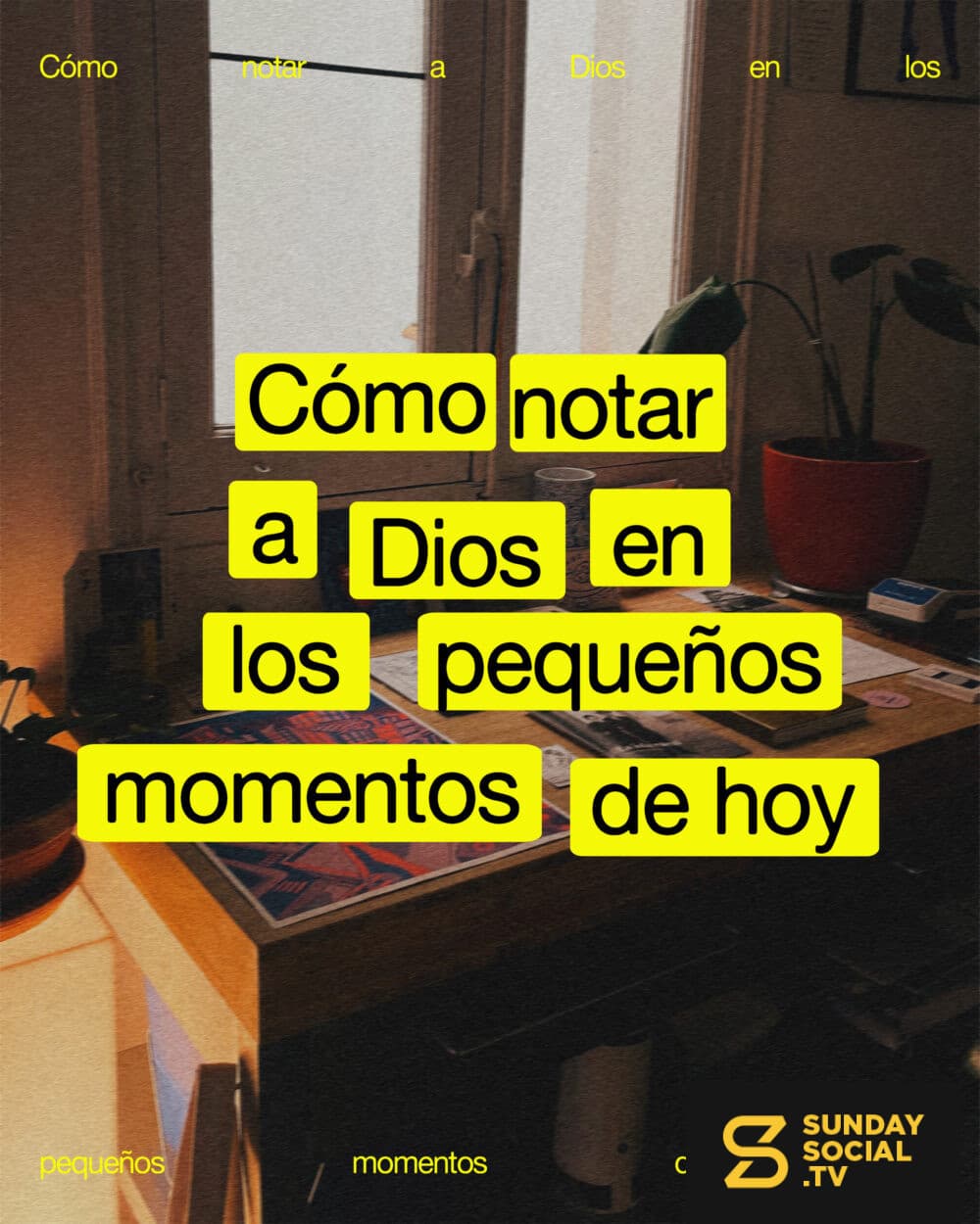 Cómo notar a Dios en los pequeños momentos de hoy  1. Nota el aire en tus pulmones. Cada inhalación es un regalo. Cada exhalación, gracia.  2. Fíjate en la belleza de lo cotidiano: la luz del sol entrando por la ventana, el viento entre los árboles, una taza de café caliente entre tus manos.  3. Dios suele hablar en susurros, no en medio del ruido constante. Baja el ritmo lo suficiente para escuchar.  4. Pon tu atención a la bondad… una sonrisa, un mensaje, un pequeño acto de cuidado. Muchas veces la gracia llega a través de las personas.  5. Las interrupciones pueden ser invitaciones. Dios puede obrar en desvíos y retrasos.  6. Haz una pausa antes de correr a lo que sigue. Dios está presente en este momento, no solo en el que viene.  7. Da gracias por una cosa pequeña ahora mismo. La gratitud nos abre los ojos a la presencia de Dios.  8. «Cercano está el Señor a todos los que le invocan.» — Salmo 145:18