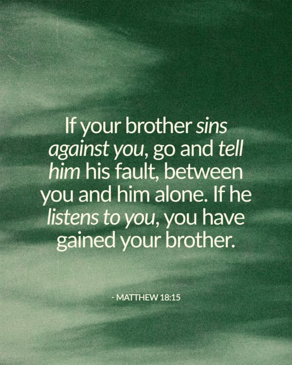 If your brother sins against you, go and tell him his fault, between you and him alone. If he listens to you, you have gained your brother. - Matthew 18:15